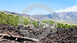 View of hardened lava on slope of Etna volcano