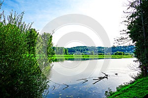 View of the Harkortsee and the surrounding landscape. Nature by the lake on the Ruhr.