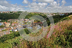 View of Hastings old town from East Hill with All Saints Church and green hills, Hastings, UK