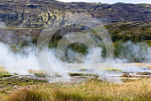 view of Haukadalur geyser area in autumn