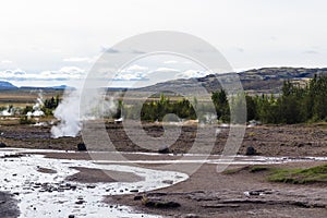 View of Haukadalur geyser area in Iceland