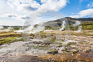 View of Haukadalur geyser valley in autumn