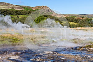 View of Haukadalur geyser valley in Iceland