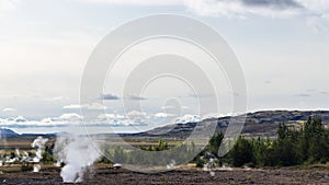 View of Haukadalur geyser valley in Iceland