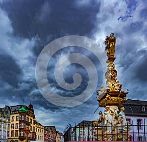 View of Hauptmarkt square in Trier, with historic fountain