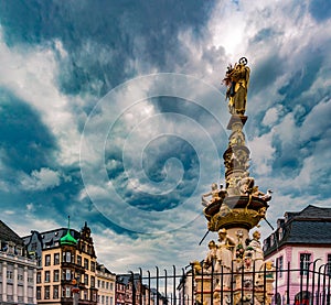 View of Hauptmarkt square in Trier, with historic fountain