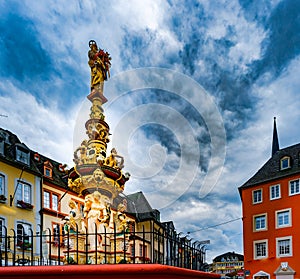 View of Hauptmarkt square in Trier, with historic fountain