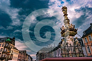 View of Hauptmarkt square in Trier, with historic fountain