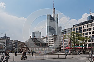 View of the Hauptwache with Commerzbank skyscraper in the background, Frankfurt, Germany