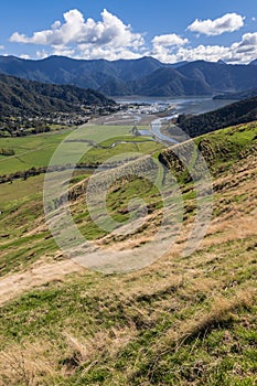 View of Havelock town and Pelorus Sound from Kaituna ridges in Marlborough region, New Zealand