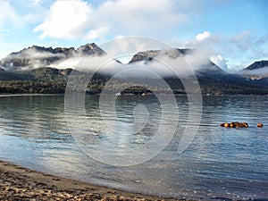 View of The Hazards mountain range across Coles Bay