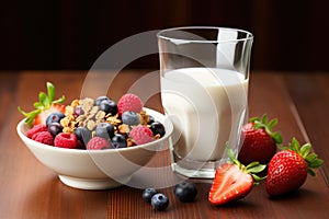 a view of a healthy breakfast: whole grain cereal, milk and berries