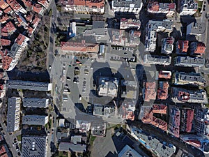 View from a height of the city of Pomorie with many cars, houses and hotels