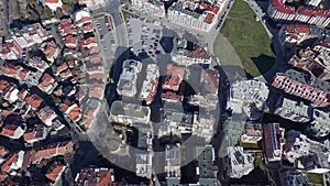 View from a height of the city of Pomorie with many cars, houses and hotels