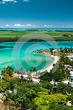 View from the height of the east coast of the island of Mauritius in the Indian Ocean. Beautiful lagoon of the island of