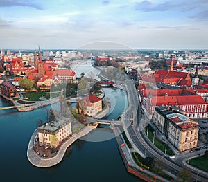 View from the height on the historic city center and the Odra River. Stare Myasto, Wroclaw, Poland