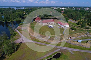 View from the height of the Korela fortress aerial photography. Priozersk, Russia