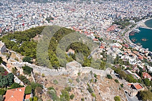 A view from the height of the port and the city of Alanya. Alanya fortress. Aerial photography. Turkey