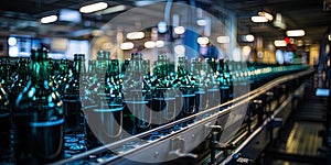 The view from a height showing tightly packed bottles on the conveyor creates a feeling of ordered