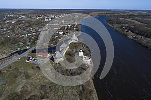 View from a height on Staraya Ladoga on an April day (aerial survey). Leningrad region