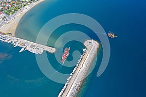 View from a height to the port of Alanya. Harbor. Like. Aerial photography. Turkey