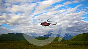 View on the helicopter takeoff in the Kronotsky Nature Reserve on Kamchatka Peninsula, Russia