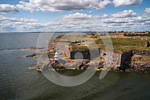 View of the Helsinki harbour, marina bay in the background, and Sveaborg island, view from top of a cruise ship