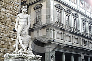 View of Hercules and Cacus marble statue sculpture by Baccio Bandinelli in Florence photo