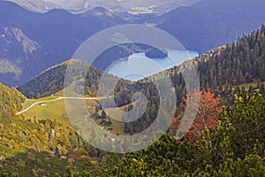 View from herzogstand mountain to lake walchensee photo