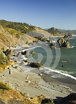 View of an hidden beach and rock formations on the southern Oregon coast