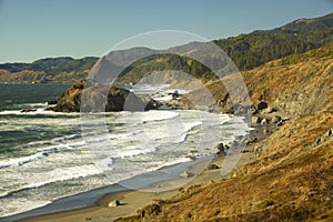 View of an hidden beach and rock formations on the southern Oregon coast