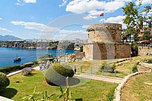 View of Hidirlik Tower and rocky coast of Antalya. Turkey photo