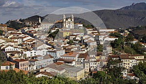 View of historic baroque church Nossa Senhora do Carmo and city Ouro Preto, UNESCO World heritage site, Minas Gerais, Brazil