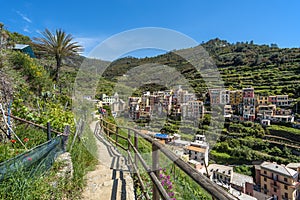 View at high land part of Manarola village from the Trail 6p pass. Cinque Terre National parc in the Northwest of Italy