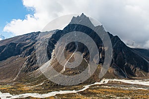 View of high mountain on the way from Dingboche to Lobuche on Everest base camp trekking route