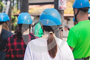 View of high ropes course, process of climbing in amusement acitivity rope park, passing obstacles and zip line on heights in