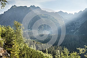 View of High Tatra Mountains from hiking trail.