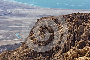 View from a high view of the construction of Mount Massada Israel.