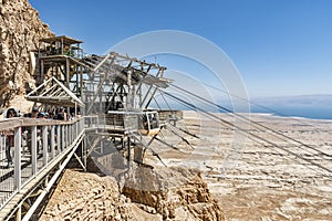 View from a high view of the landscape around the Dead Sea, the parking place in the desert and the starting station of the cable