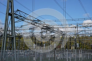 View on high voltage electricity power distribution plant with a lot of cables and wires.