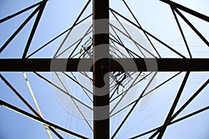 View at a high-voltage electricity pylon from directly below, which deconstructs the subject from its function and treats it as