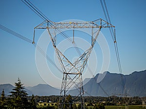 View of a high voltage electricity supply tower on a sunny day