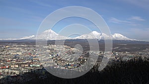 The view from the highest point in the city of Petropavlovsk-Kamchatsky and Avacha volcanoes Kozelskiy and Koryak