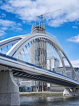 View of the highest skyscraper in Slovakia across the Apollo bridge in Bratislava