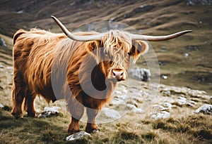 A view of a Highland Cow in a field