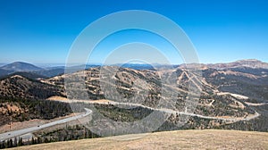 View of Highway 50 from the top of Monarch Pass mountain top after riding tramway in the Rocky Mountains near Gunnison Colorado