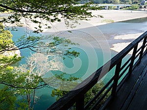 View of Hijikawa river from Furo-an pavilion on the grounds of Garyu Sanso, a historic villa in Ozu Old Town