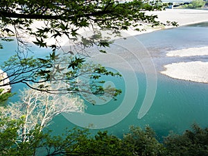 View of Hijikawa river from Furo-an pavilion on the grounds of Garyu Sanso, a historic villa in Ozu Old Town