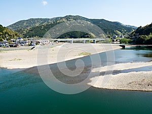 View of Hijikawa river from Furo-an pavilion on the grounds of Garyu Sanso, a historic villa in Ozu Old Town