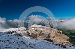 View during hiking from Rifugio Boe to Piz Boe mountain peak in the Dolomites